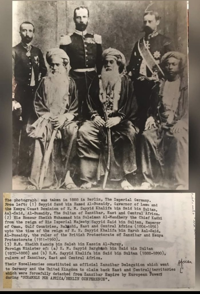 The official Zanzibar delegation photographed in Berlin, 1888, with its identifying caption